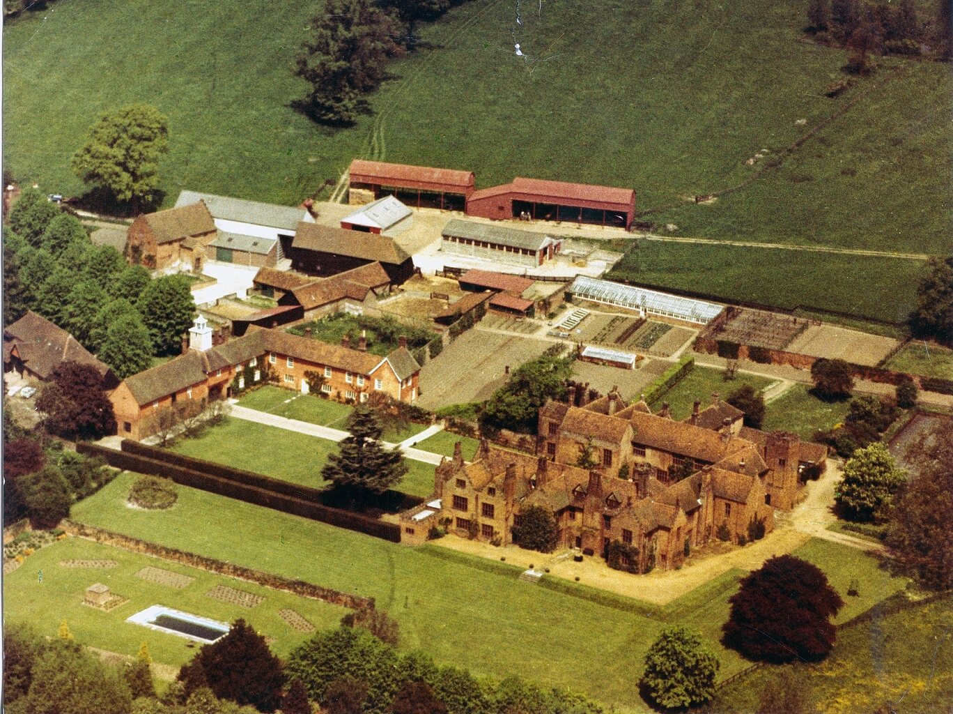 Aerial view of the Hall, courtyards and gardens