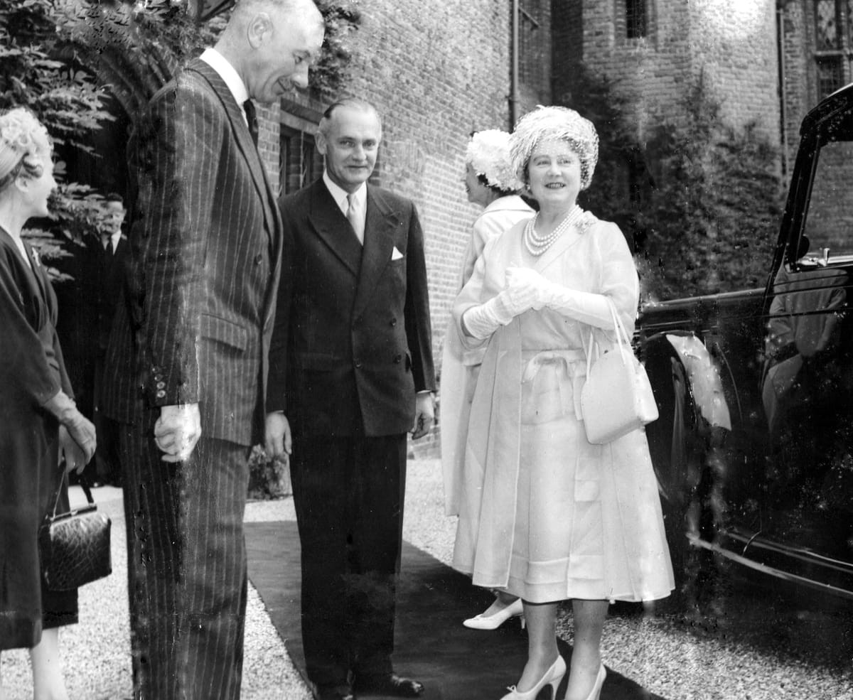 H M The Queen Mother on a visit to the Hall